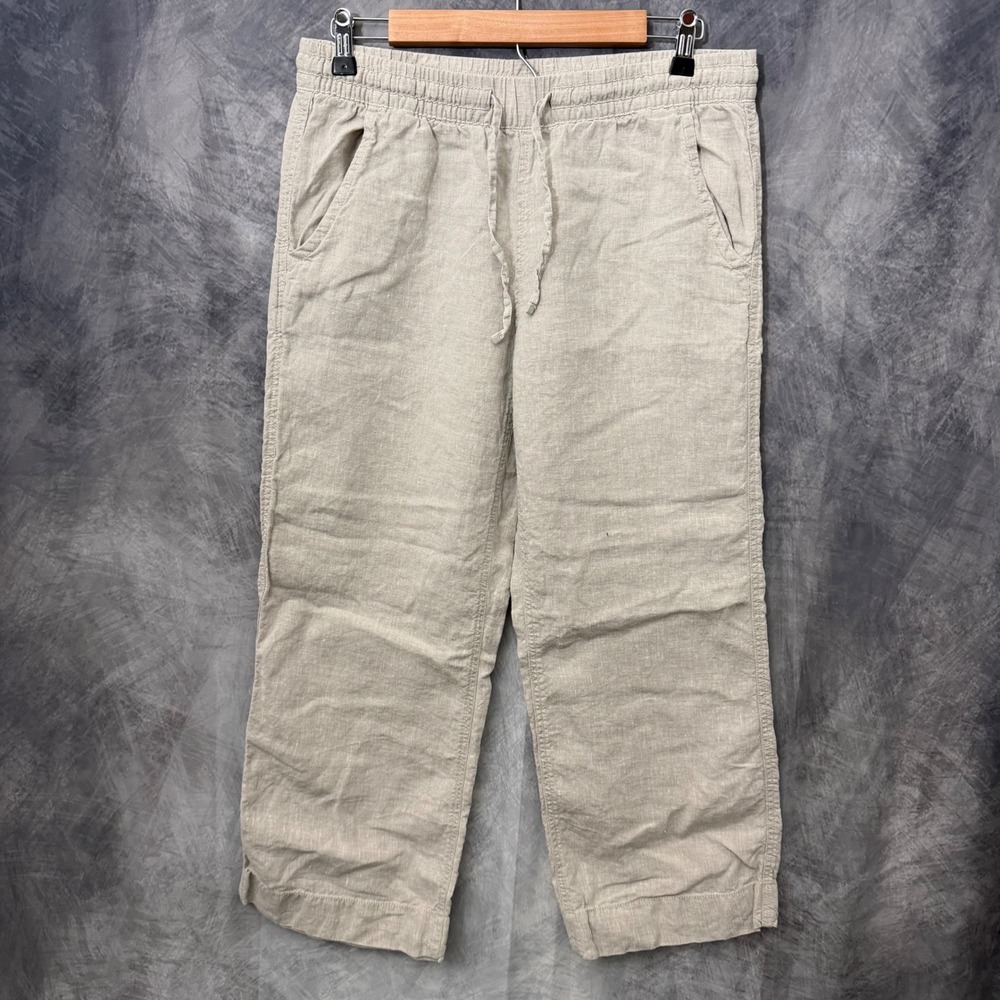 LL Bean Beige Linen Elastic Waist Straight Leg Pants 8 Petite Coastal Grandma